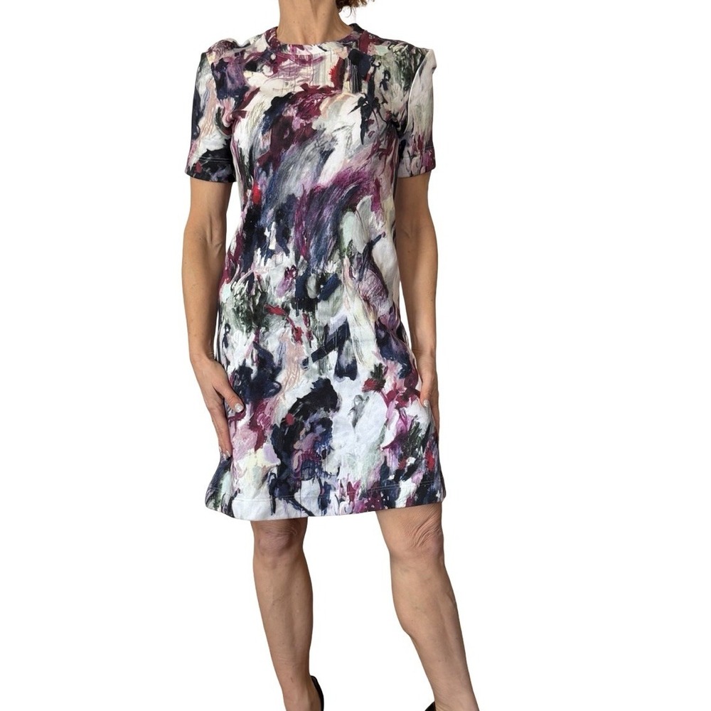 Womens  Carven Splatter Paint Dress Short Sleeve Cotton Fleece Mini  Medium